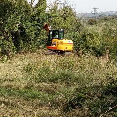 Contractor on Whinless Down removing scrub and cutting back hedges with machinery.