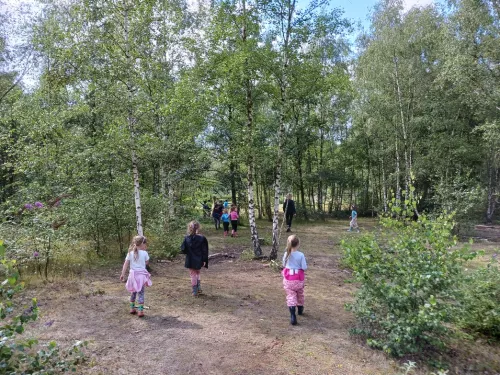 children being led into the forest for activities