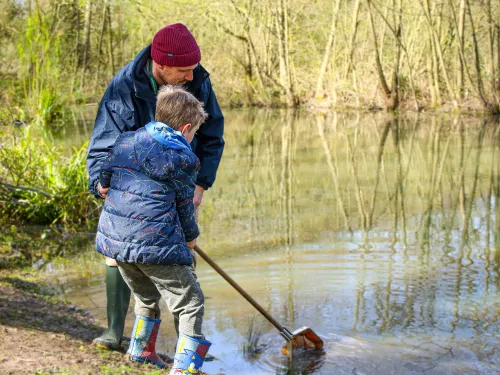 Education team at Kent Wildlife showing a child how to pond dip