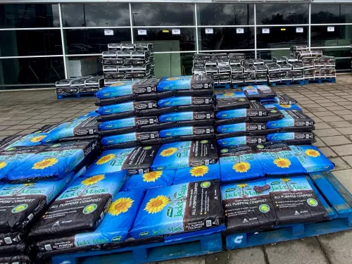 Peat based compost stacked in a garden centre