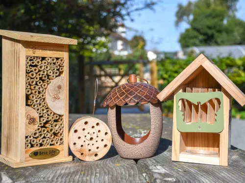 Insect hotels and bird feeders displayed